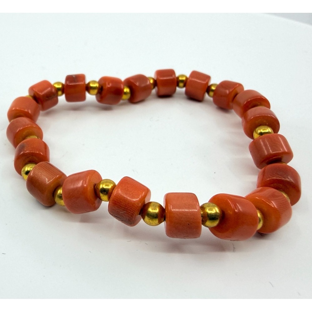 Vintage Boho Orange Coral Square Bead Stretch Bracelet Gold Tone Accent‎ Spacers